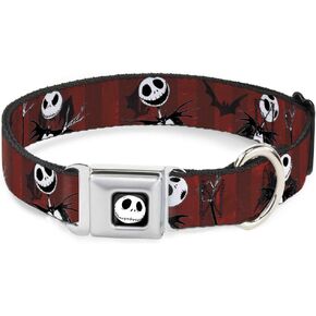 Buckle-Down Dog Collar Seatbelt Buckle Nightmare Before Christmas Jack Poses Bats Red Stripe 13 to 18 Inches 1.5 Inch Wide