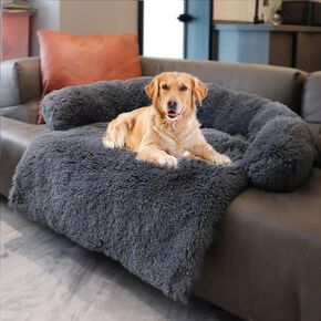 Yapudoo Plush Dog Bed Sofa Cover, Deluxe Plush Soft Pet Couch Protector Pet Beds, Couch Cover for Large Dogs, Removable Washable Anti-Slip Pet Bed with Memory Foam Neck Bolster Silver Gray Large