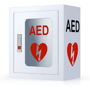 AED Cabinet Wall Mounted, Metal Steel Plate Storage Cabinet with Snap Lock, Transparent Window Fits All Brands of AED Defibrillators, 14 x 7.8 x 15.7 Inch