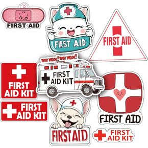 First Aid Sticker Decal Set | Self-Adhesive Vinyl Decals | 1st Aid Emergency Box Package | 9 Designs, 16 Pieces