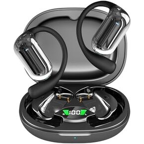 Open-Ear Wireless Headphones Bluetooth Earbuds LED Power Display Charging Case Ear Buds Earhook Over-Ear Earphones for Workout Sports TV Phone Laptop (Black)