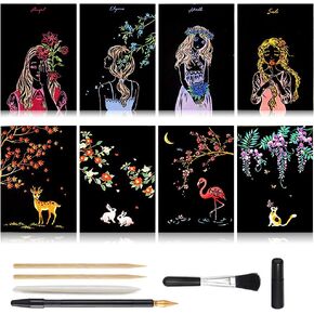 Scratch Art for Kids & Adults, Rainbow Painting Night View Scratchboard(A4), Crafts Set: 8 Sheets Scratch Cards with 6 tools in Bag - Unicorn/Flamingo/Cat/Deer/Lion/Tiger/Leopard/Wolf (Animal Series)