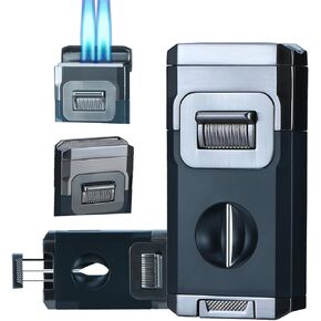 Windproof Refillable Butane Jet Flame Torch Lighter with Built-in V-Cutter and Lighter Holder Gift for Men（Without Butane）