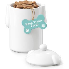 Barnyard Designs Large Cat Treat Container Airtight, Cute Cat Treat Jar, Large Cat Treat Containers with Lids, Rustic Cat Treat Storage Container, Ceramic Treat Jars for Kitchen Counter, White (Cat)