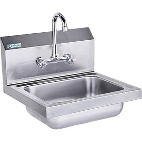 Stainless Steel Sink with Faucet and Side Splash Commercial Wall Mount Hand Sink for Restaurant, Kitchen and Home, 17 x 15 Inches