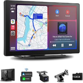 راديو Carplay محمول Apple CarPlay وAndroid Auto لاسلكي مقاس 9 بوصات، وكاميرا احتياطية 4K + 1080P، وشاشة لمس HD IPS مع نظام ملاحة GPS، وبلوتوث، والتحكم الصوتي، وFM/AUX، وشاشة Carplay لجميع السيارات