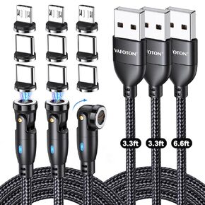 VAFOTON USB Magnetic Charging Cable 3-Pack(3.3+3.3+6.6ft), 540° Rotating Magnetic Phone Charger Cable with Data Transfer, 18W Magnetic Charger Cord with LED Light for Cell Phone