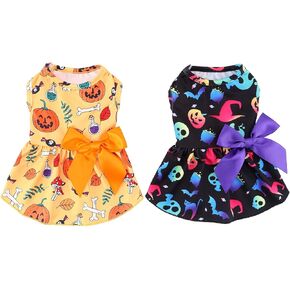 2pcs Halloween Dog Dresses, Girl Dog Costumes Pumpkin Puppy Clothes and Skeleton Outfit with Bowknot Cosplay Apparel Outfits for Small Medium Large Dog Cat Pet(M)
