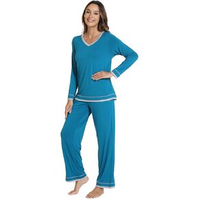 WiWi Bamboo Viscose Pajamas Sets for Women Soft Tops with Pants Sleepwear V-neck Pj Set with Pockets S-XXL