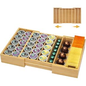 MinBoo Bamboo K Cup Holder for Drawer or Countertop Coffee Pod Holder Expandable K Cup Pod Storage Tea bag organizer K Cup Storage for Coffee Station Home Office and Kitchen