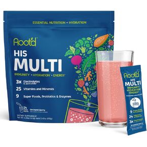 Root'd Multivitamin Powder for Men - 24 Vitamins & Minerals with 3X Electrolytes, 9 Organic Superfoods, Probiotics & Enzymes, Sugar-Free Multivitamin & Hydration | 30 Vitamin Drink Mix Packets