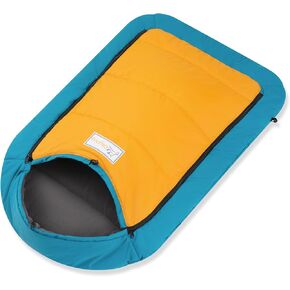 OllyDog Meeker Sleeping Bag, Water-Resistant, Warm, Packable Pet Bed Mat Storage Bag for Indoor and Outdoor Travel, Camping, Hiking, Backpacking (Blue/Mango)