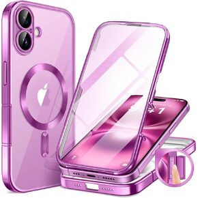BERFY Magnetic for iPhone 16 Case, Compatible with Magsafe, Built-in 9H Tempered Glass Screen Protector & Upgraded Camera Protection, Full Body Plating Shockproof Phone Case for 16 6.1", Pink Purple
