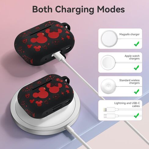 غطاء حافظة لجهاز Airpods Pro الجيل الثاني مع سلسلة مفاتيح، حافظة واقية من السيليكون الناعم منقوش عليها رسوم متحركة لطيفة متوافقة مع حافظة AirPods Pro الجيل الثاني/الأول للنساء، شاشة LED أمامية مرئية باللون الأسود/الأحمر in Kuwait