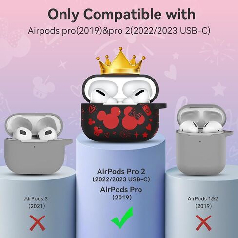 غطاء حافظة لجهاز Airpods Pro الجيل الثاني مع سلسلة مفاتيح، حافظة واقية من السيليكون الناعم منقوش عليها رسوم متحركة لطيفة متوافقة مع حافظة AirPods Pro الجيل الثاني/الأول للنساء، شاشة LED أمامية مرئية باللون الأسود/الأحمر in Kuwait