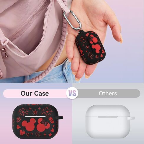 غطاء حافظة لجهاز Airpods Pro الجيل الثاني مع سلسلة مفاتيح، حافظة واقية من السيليكون الناعم منقوش عليها رسوم متحركة لطيفة متوافقة مع حافظة AirPods Pro الجيل الثاني/الأول للنساء، شاشة LED أمامية مرئية باللون الأسود/الأحمر in Kuwait