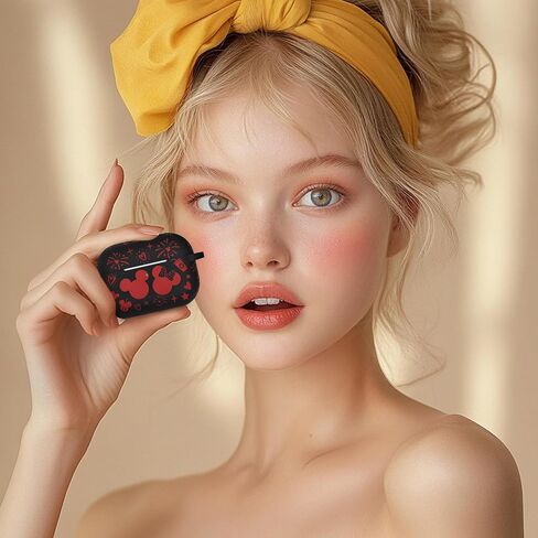 غطاء حافظة لجهاز Airpods Pro الجيل الثاني مع سلسلة مفاتيح، حافظة واقية من السيليكون الناعم منقوش عليها رسوم متحركة لطيفة متوافقة مع حافظة AirPods Pro الجيل الثاني/الأول للنساء، شاشة LED أمامية مرئية باللون الأسود/الأحمر in Kuwait