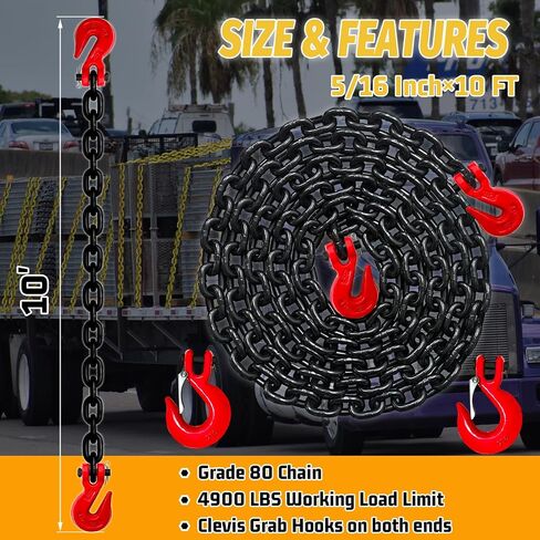3/8" Transport Binder Chain-G80 Tow Chain with G70 Safety and Grab Hooks|7100 lbs Working Load|10 Foot Trailer Safety Log Chain with Heavy Duty|Truck Tie Down Equipment（2 Types of Hooks） in Saudi Arabia
