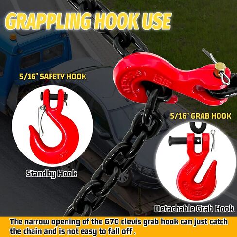 3/8" Transport Binder Chain-G80 Tow Chain with G70 Safety and Grab Hooks|7100 lbs Working Load|10 Foot Trailer Safety Log Chain with Heavy Duty|Truck Tie Down Equipment（2 Types of Hooks） in Saudi Arabia