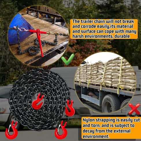 3/8" Transport Binder Chain-G80 Tow Chain with G70 Safety and Grab Hooks|7100 lbs Working Load|10 Foot Trailer Safety Log Chain with Heavy Duty|Truck Tie Down Equipment（2 Types of Hooks） in Saudi Arabia