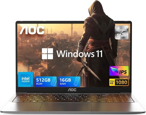 كمبيوتر محمول AOC بشاشة 15.6 بوصة FHD مع معالج N97 (يصل إلى 3.6 جيجا هرتز) وذاكرة وصول عشوائي 16 جيجابايت وذاكرة وصول عشوائي 512 جيجابايت SSD لأجهزة الكمبيوتر المحمولة للألعاب Windows 11 كمبيوتر محمول، خفيف ورفيع، هيكل معدني، كاميرا ويب، نوع C، USB3.2، HD in Kuwait