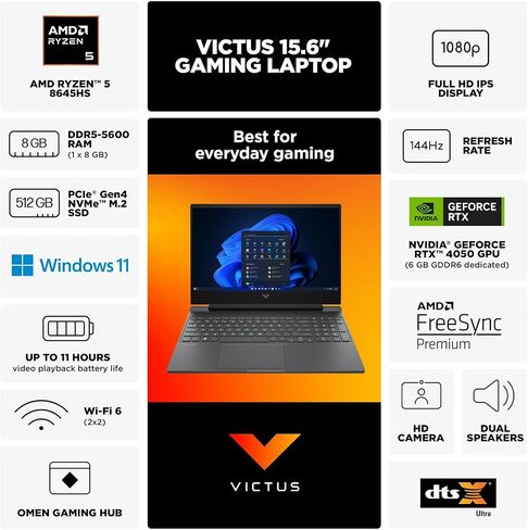 كمبيوتر محمول HP 2024 Victus مقاس 15.6 بوصة 144 هرتز للألعاب، GeForce RTX 4050 6GB GDDR6 Graphic، 6-Core AMD Ryzen 5-8645HS (Beat i7-1355U)، لوحة مفاتيح بإضاءة خلفية، DTS، بلوتوث 5.3، W/512GB SSD، Windows 11 H(32GB GDDR5 |1 تيرابايت SSD) in Saudi Arabia