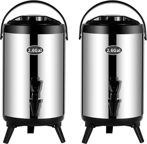 2 قطعة موزع مشروبات معزول، إبريق قهوة حراري ساخن وبارد من الفولاذ المقاوم للصدأ، موزع مشروبات 10 لتر/2.6 جالون مع حنفية، مثالي للمياه الساخنة والشاي والقهوة والحليب (أسود-قطعتان) in Kuwait