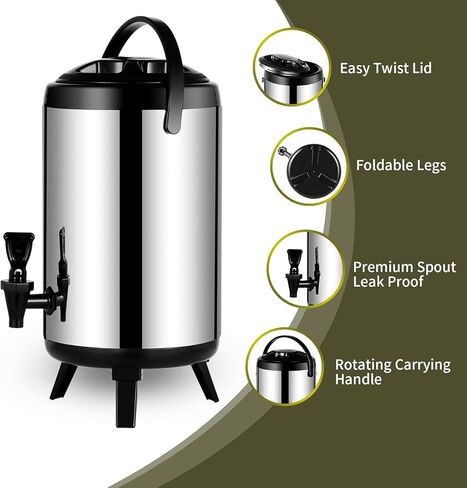 2 قطعة موزع مشروبات معزول، إبريق قهوة حراري ساخن وبارد من الفولاذ المقاوم للصدأ، موزع مشروبات 10 لتر/2.6 جالون مع حنفية، مثالي للمياه الساخنة والشاي والقهوة والحليب (أسود-قطعتان) in Kuwait