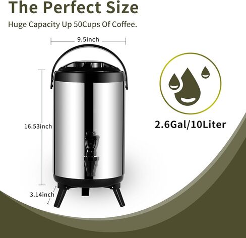 2 قطعة موزع مشروبات معزول، إبريق قهوة حراري ساخن وبارد من الفولاذ المقاوم للصدأ، موزع مشروبات 10 لتر/2.6 جالون مع حنفية، مثالي للمياه الساخنة والشاي والقهوة والحليب (أسود-قطعتان) in Kuwait