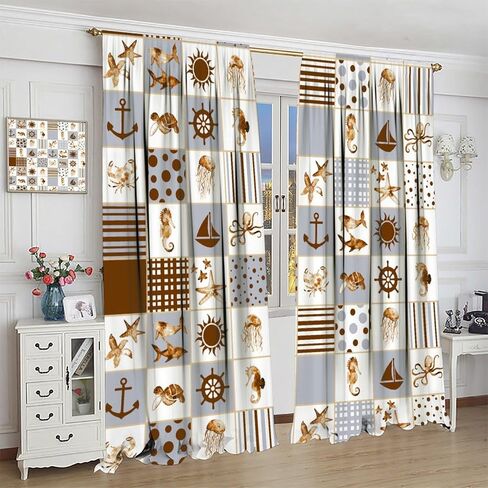 Vintage Mermaid Curtains, Medieval Art Hand Drawn Abstract Ocean Shell Starfish Seabed View Drapes for Child Teen Girl, Blackout Rod Pocket Window Treatments for Living Room Bedroom Bathroom 42x45in in Saudi Arabia