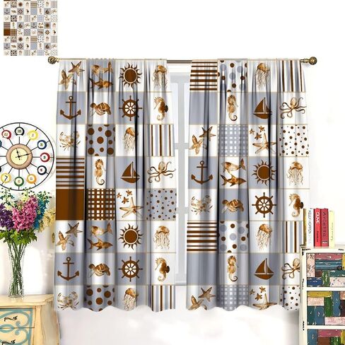 Vintage Mermaid Curtains, Medieval Art Hand Drawn Abstract Ocean Shell Starfish Seabed View Drapes for Child Teen Girl, Blackout Rod Pocket Window Treatments for Living Room Bedroom Bathroom 42x45in in Saudi Arabia