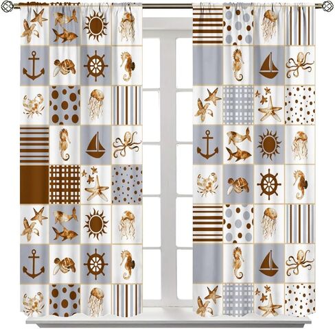 Vintage Mermaid Curtains, Medieval Art Hand Drawn Abstract Ocean Shell Starfish Seabed View Drapes for Child Teen Girl, Blackout Rod Pocket Window Treatments for Living Room Bedroom Bathroom 42x45in in Saudi Arabia