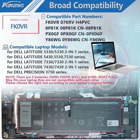 58Wh FK0VR استبدال بطارية الكمبيوتر المحمول Dell Latitude 5330 7330 7430 7530 Latitude 5330 2-in-1/7330 2-in-1/7430 2-in-1 Series FKOVR 8H6WD 293F1 01VX5 404T8 51R71 8P81K 15.2V 3625mAh 4 خلية in Saudi Arabia