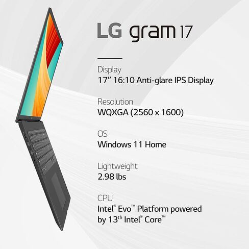 LG لابتوب جرام خفيف الوزن 17 انش، انتل كور i7 ايفو الجيل 13، ويندوز 11 هوم، ذاكرة RAM 32GB، SSD 2TB، رمادي in Saudi Arabia