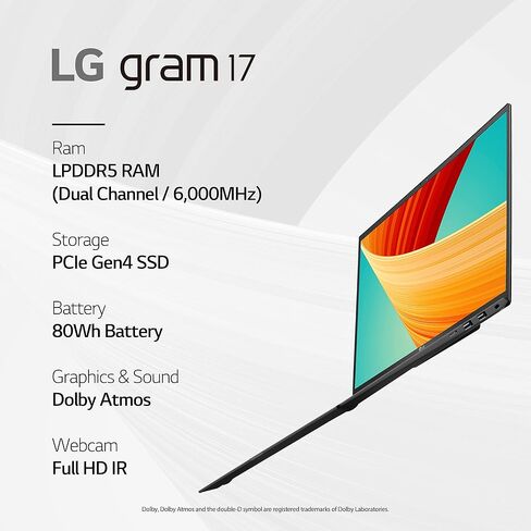LG لابتوب جرام خفيف الوزن 17 انش، انتل كور i7 ايفو الجيل 13، ويندوز 11 هوم، ذاكرة RAM 32GB، SSD 2TB، رمادي in Saudi Arabia
