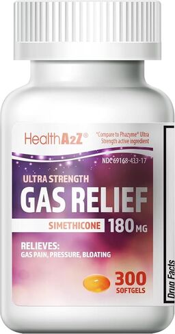 HealthA2Z® Gas Relief 60 Counts | Simethicone 180mg | Ultra Strength | Relieves from Stomach Discomfort and Gas | Anti Flatulence | Relieves Gas Fast in Saudi Arabia