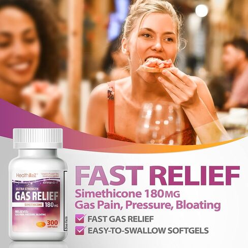 HealthA2Z® Gas Relief 60 Counts | Simethicone 180mg | Ultra Strength | Relieves from Stomach Discomfort and Gas | Anti Flatulence | Relieves Gas Fast in Saudi Arabia