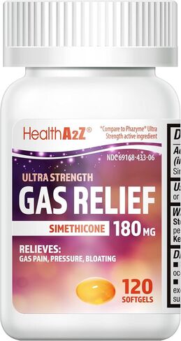 HealthA2Z® Gas Relief 60 Counts | Simethicone 180mg | Ultra Strength | Relieves from Stomach Discomfort and Gas | Anti Flatulence | Relieves Gas Fast in Saudi Arabia
