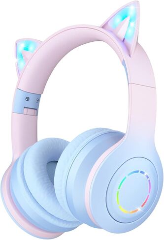 Bluetooth Headphones with Microphone/RGB LED Light Up, Cat Ear Wireless Headphones, Stereo Gaming Headset for Cellphone/PC/Laptop/Tablet/TV Kids Girls & Boys Teens/Birthday Gift (Blue) in Saudi Arabia