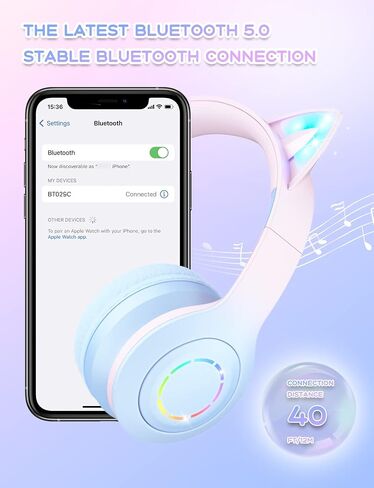 Bluetooth Headphones with Microphone/RGB LED Light Up, Cat Ear Wireless Headphones, Stereo Gaming Headset for Cellphone/PC/Laptop/Tablet/TV Kids Girls & Boys Teens/Birthday Gift (Blue) in Saudi Arabia