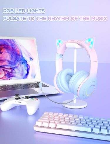 Bluetooth Headphones with Microphone/RGB LED Light Up, Cat Ear Wireless Headphones, Stereo Gaming Headset for Cellphone/PC/Laptop/Tablet/TV Kids Girls & Boys Teens/Birthday Gift (Blue) in Saudi Arabia
