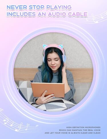 Bluetooth Headphones with Microphone/RGB LED Light Up, Cat Ear Wireless Headphones, Stereo Gaming Headset for Cellphone/PC/Laptop/Tablet/TV Kids Girls & Boys Teens/Birthday Gift (Blue) in Saudi Arabia