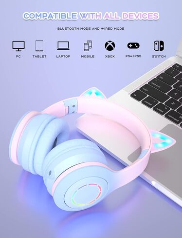 Bluetooth Headphones with Microphone/RGB LED Light Up, Cat Ear Wireless Headphones, Stereo Gaming Headset for Cellphone/PC/Laptop/Tablet/TV Kids Girls & Boys Teens/Birthday Gift (Blue) in Saudi Arabia