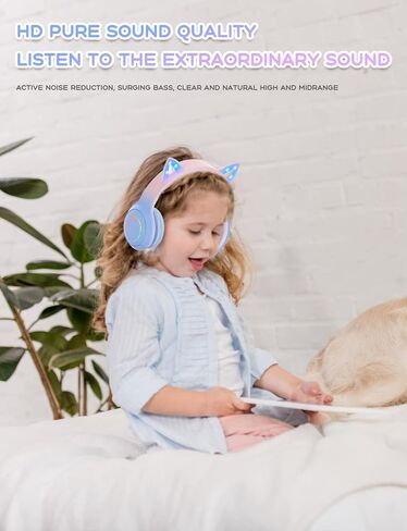 Bluetooth Headphones with Microphone/RGB LED Light Up, Cat Ear Wireless Headphones, Stereo Gaming Headset for Cellphone/PC/Laptop/Tablet/TV Kids Girls & Boys Teens/Birthday Gift (Blue) in Saudi Arabia