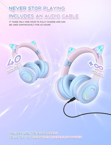 Bluetooth Headphones with Microphone/RGB LED Light Up, Cat Ear Wireless Headphones, Stereo Gaming Headset for Cellphone/PC/Laptop/Tablet/TV Kids Girls & Boys Teens/Birthday Gift (Blue) in Saudi Arabia