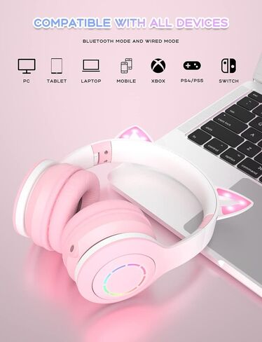 Bluetooth Headphones with Microphone/RGB LED Light Up, Cat Ear Wireless Headphones, Stereo Gaming Headset for Cellphone/PC/Laptop/Tablet/TV Kids Girls & Boys Teens/Birthday Gift (Blue) in Saudi Arabia