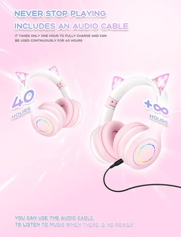 Bluetooth Headphones with Microphone/RGB LED Light Up, Cat Ear Wireless Headphones, Stereo Gaming Headset for Cellphone/PC/Laptop/Tablet/TV Kids Girls & Boys Teens/Birthday Gift (Blue) in Saudi Arabia