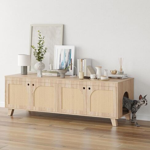 Double Hidden Cat Litter Box Enclosure Furniture Cabinet with Rattan Decorated Doors for Two Cats，Two Entrances in Saudi Arabia