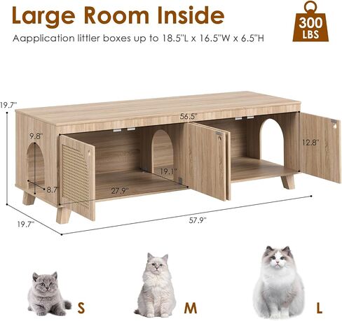 Double Hidden Cat Litter Box Enclosure Furniture Cabinet with Rattan Decorated Doors for Two Cats，Two Entrances in Saudi Arabia