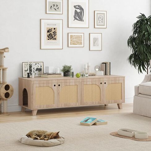Double Hidden Cat Litter Box Enclosure Furniture Cabinet with Rattan Decorated Doors for Two Cats，Two Entrances in Saudi Arabia